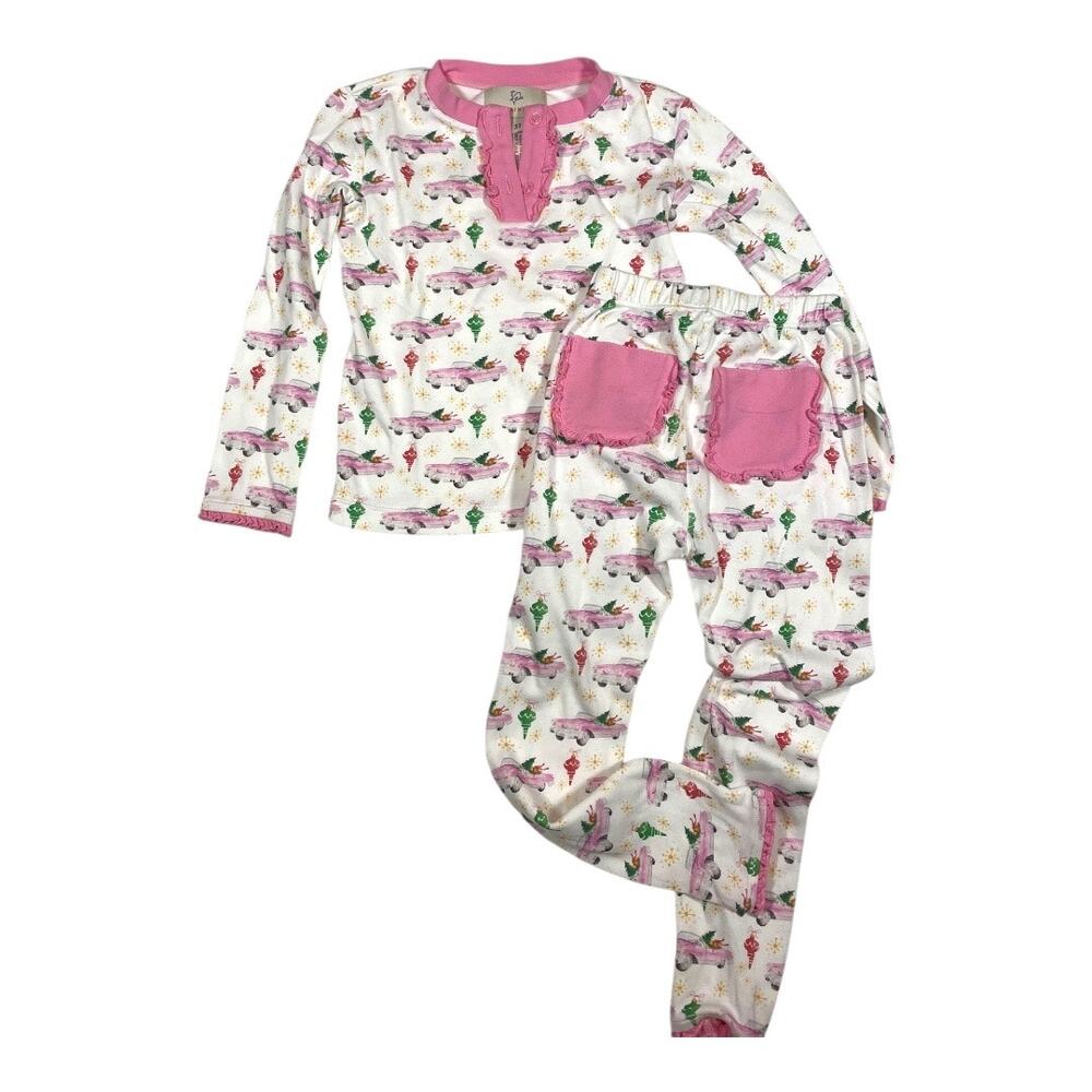 Smockingbird Cream Pink Christmas Tree Car Print Cotton 3T Girls Pajamas